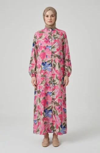 Gemustertes Kleid Mit Elastischen Ärmeln 0249-04 Rosa Indigo 0249-04