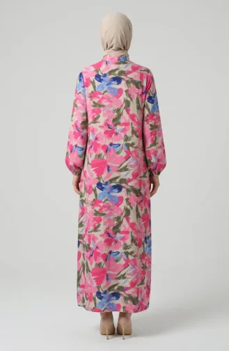 Gemustertes Kleid Mit Elastischen Ärmeln 0249-04 Rosa Indigo 0249-04