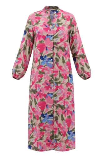 Gemustertes Kleid Mit Elastischen Ärmeln 0249-04 Rosa Indigo 0249-04