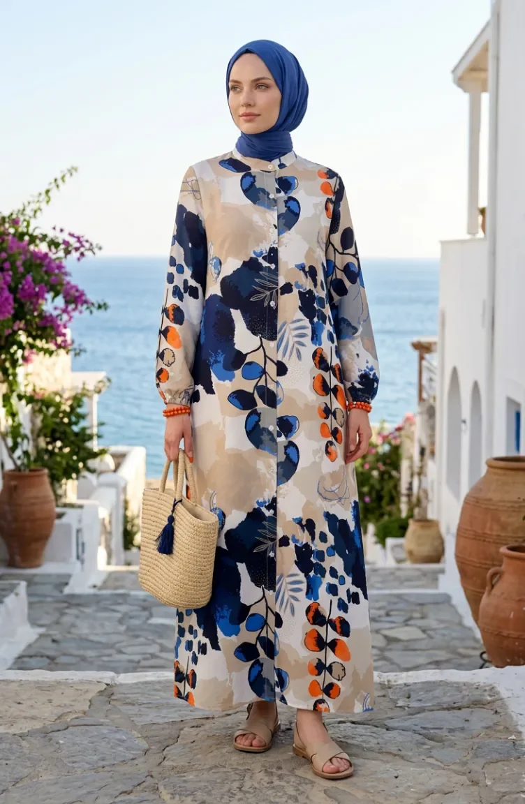 Robe Boutonnée Sur Le Devant Manches élastiquées 0250-01 Bleu Marine Beige 0250-01