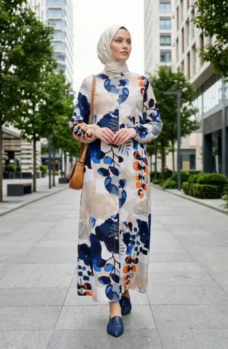 Robe Boutonnée Sur Le Devant Manches élastiquées 0250-01 Bleu Marine Beige 0250-01