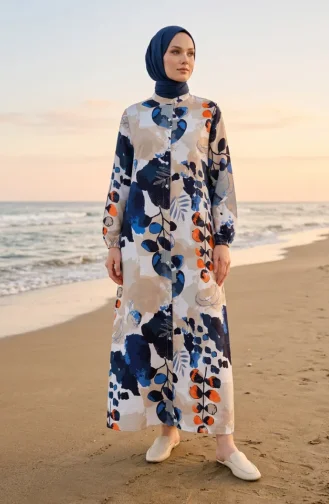 Robe Boutonnée Sur Le Devant Manches élastiquées 0250-01 Bleu Marine Beige 0250-01