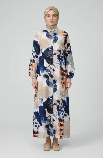 Robe Boutonnée Sur Le Devant Manches élastiquées 0250-01 Bleu Marine Beige 0250-01