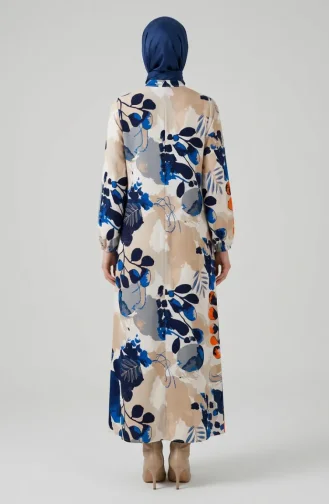 Robe Boutonnée Sur Le Devant Manches élastiquées 0250-01 Bleu Marine Beige 0250-01