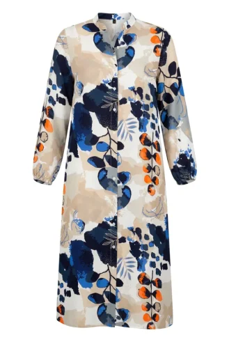 Robe Boutonnée Sur Le Devant Manches élastiquées 0250-01 Bleu Marine Beige 0250-01