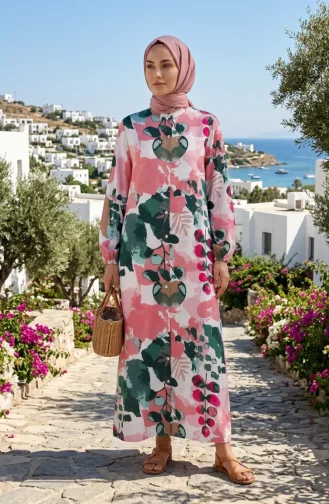 Robe Boutonnée Sur Le Devant Avec Manches élastiquées 0250-02 Rose Vert 0250-02