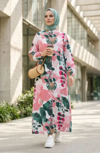 Robe Boutonnée Sur Le Devant Avec Manches élastiquées 0250-02 Rose Vert 0250-02