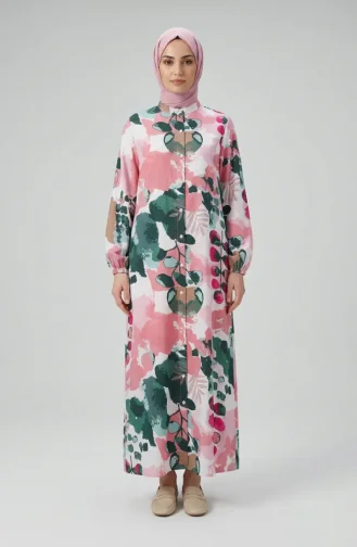 Robe Boutonnée Sur Le Devant Avec Manches élastiquées 0250-02 Rose Vert 0250-02
