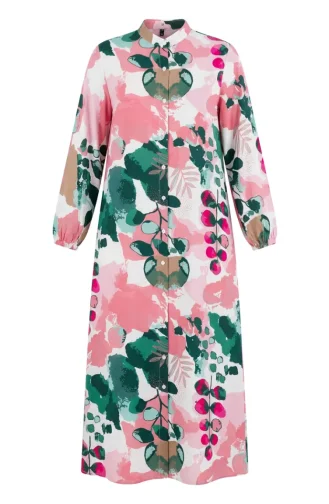 Robe Boutonnée Sur Le Devant Avec Manches élastiquées 0250-02 Rose Vert 0250-02