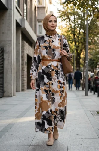 Robe Boutonnée Sur Le Devant Avec Manches élastiquées 0250-03 Marron Noir 0250-03