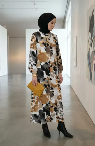 Robe Boutonnée Sur Le Devant Avec Manches élastiquées 0250-03 Marron Noir 0250-03