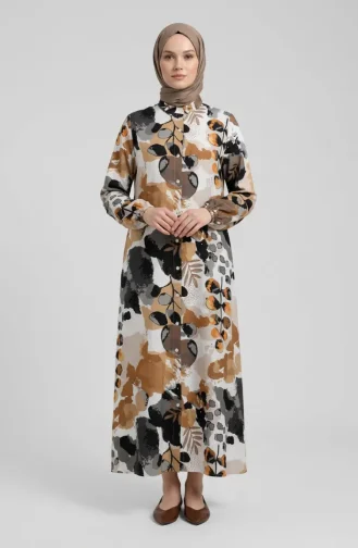 Robe Boutonnée Sur Le Devant Avec Manches élastiquées 0250-03 Marron Noir 0250-03