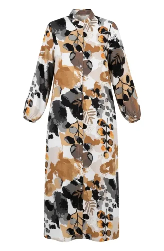 Robe Boutonnée Sur Le Devant Avec Manches élastiquées 0250-03 Marron Noir 0250-03