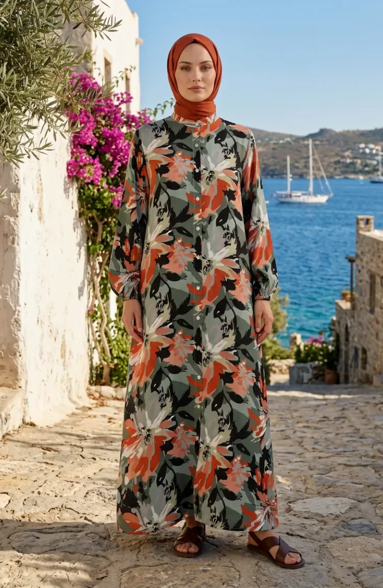 Robe Boutonnée à Motifs Et Manches élastiquées 0251-02 Kaki Saumon 0251-02