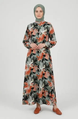 Robe Boutonnée à Motifs Et Manches élastiquées 0251-02 Kaki Saumon 0251-02