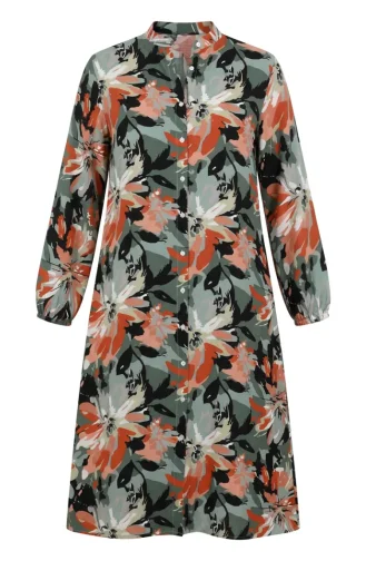 Robe Boutonnée à Motifs Et Manches élastiquées 0251-02 Kaki Saumon 0251-02
