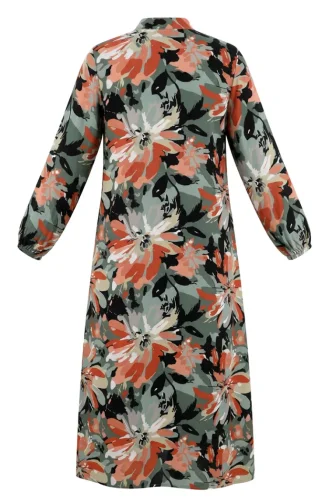 Robe Boutonnée à Motifs Et Manches élastiquées 0251-02 Kaki Saumon 0251-02