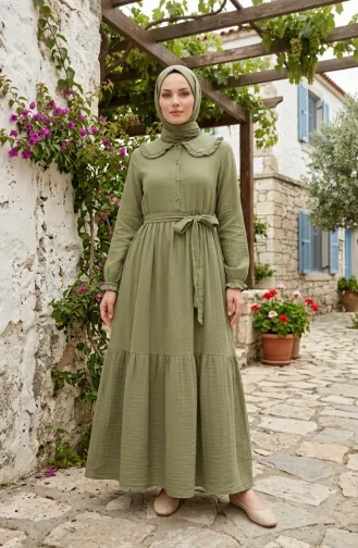 Robe En Mousseline à Col Volanté Et Ceinture 0253-02 Vert Olive 0253-02