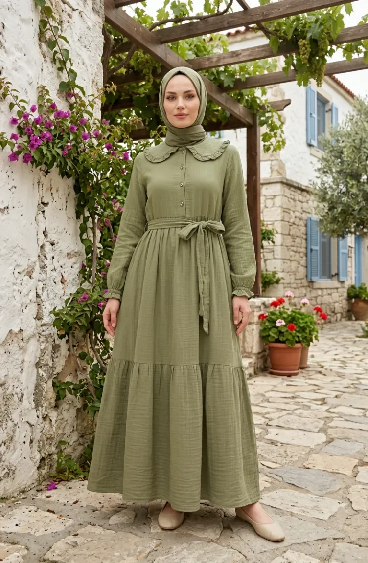 Robe En Mousseline à Col Volanté Et Ceinture 0253-02 Vert Olive 0253-02