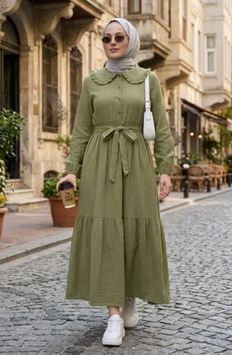 Robe En Mousseline à Col Volanté Et Ceinture 0253-02 Vert Olive 0253-02