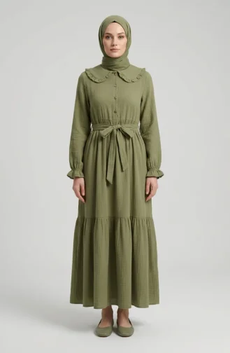 Robe En Mousseline à Col Volanté Et Ceinture 0253-02 Vert Olive 0253-02