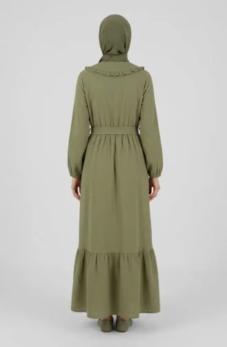 Robe En Mousseline à Col Volanté Et Ceinture 0253-02 Vert Olive 0253-02