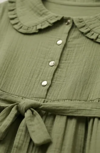 Robe En Mousseline à Col Volanté Et Ceinture 0253-02 Vert Olive 0253-02