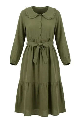 Robe En Mousseline à Col Volanté Et Ceinture 0253-02 Vert Olive 0253-02