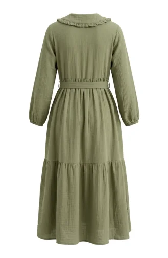 Robe En Mousseline à Col Volanté Et Ceinture 0253-02 Vert Olive 0253-02