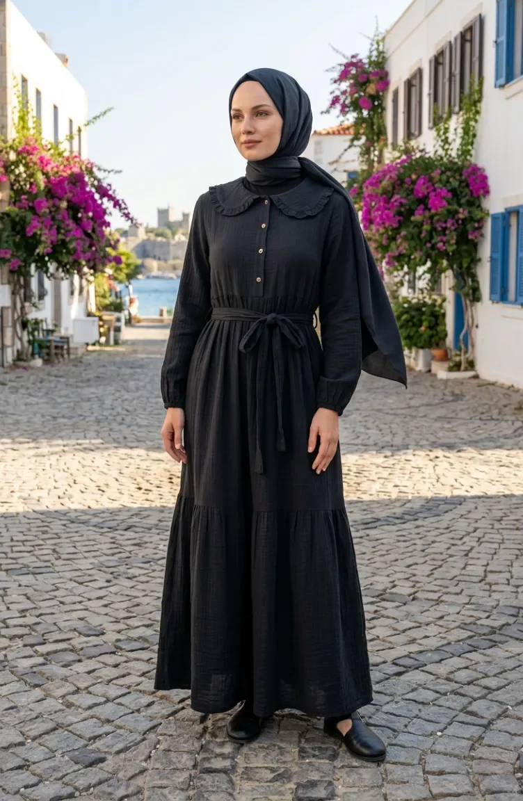 Robe En Mousseline Noire à Col Volanté Et Ceinture 0253-04 0253-04