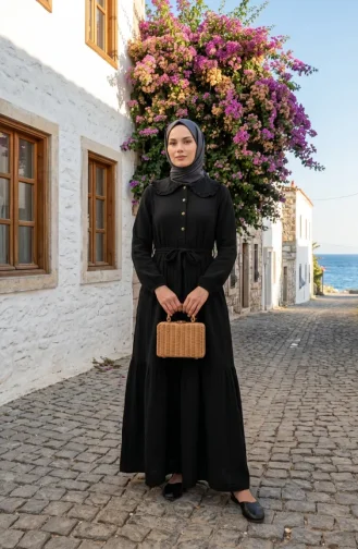 Robe En Mousseline Noire à Col Volanté Et Ceinture 0253-04 0253-04