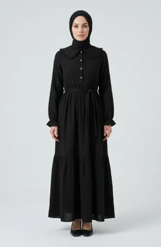 Robe En Mousseline Noire à Col Volanté Et Ceinture 0253-04 0253-04