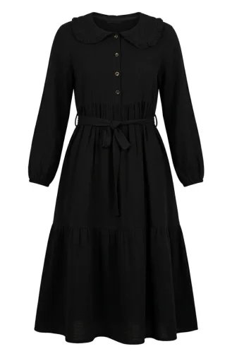 Robe En Mousseline Noire à Col Volanté Et Ceinture 0253-04 0253-04