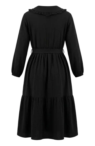 Robe En Mousseline Noire à Col Volanté Et Ceinture 0253-04 0253-04