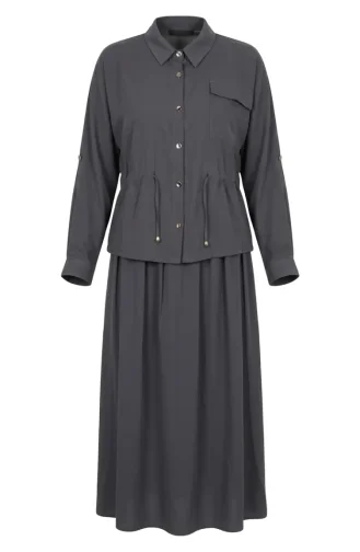 طقم من قطعتين بأزرار أمامية ورباط عند الخصر، 0247-03، رمادي داكن 0247-03