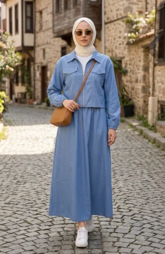 Ensemble Deux Pièces Effet Denim Avec Fermeture éclair 0254-01 Bleu 0254-01