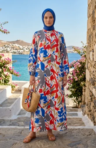 Robe à Motifs Avec Manches élastiquées Et Fermeture Boutonnée 0252-02 Gris Rouge 0252-02