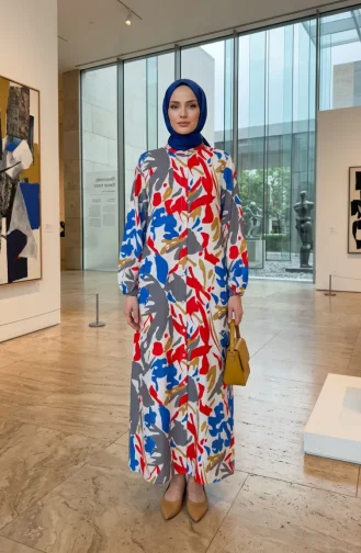 Robe à Motifs Avec Manches élastiquées Et Fermeture Boutonnée 0252-02 Gris Rouge 0252-02