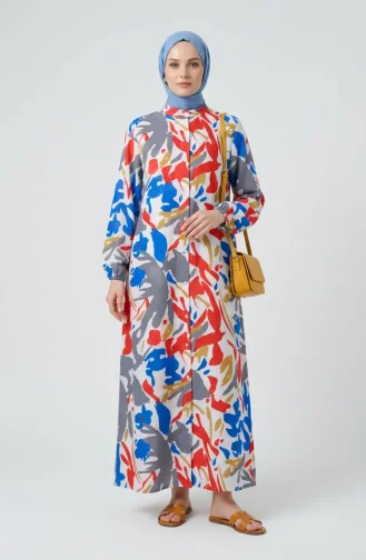 Robe à Motifs Avec Manches élastiquées Et Fermeture Boutonnée 0252-02 Gris Rouge 0252-02