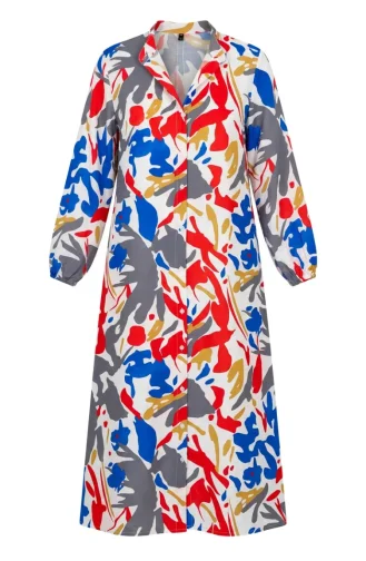 Robe à Motifs Avec Manches élastiquées Et Fermeture Boutonnée 0252-02 Gris Rouge 0252-02