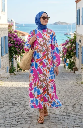 Kolu Lastikli Düğmeli Desenli Elbise 0252-03 Pembe Kahverengi