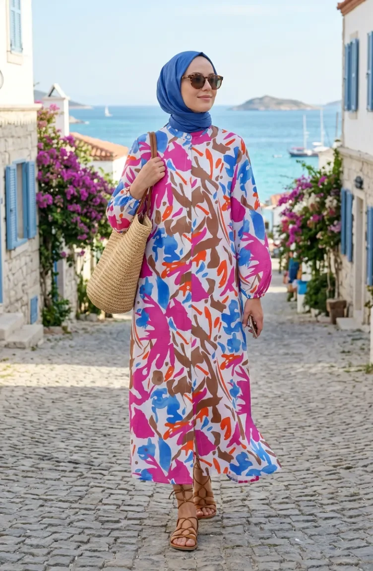 Kolu Lastikli Düğmeli Desenli Elbise 0252-03 Pembe Kahverengi