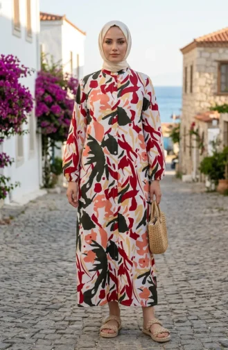 Gemustertes Kleid Mit Elastischen Ärmeln Und Knöpfen 0252-04 Burgunderrot Lachs 0252-04