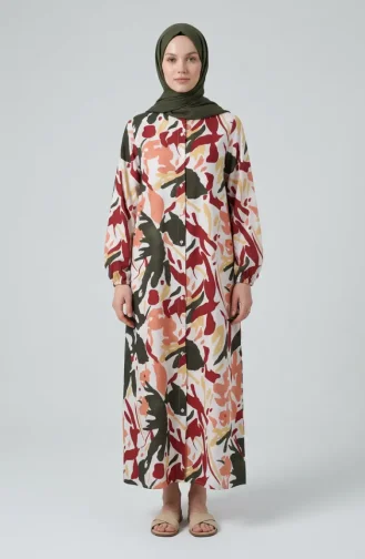 Gemustertes Kleid Mit Elastischen Ärmeln Und Knöpfen 0252-04 Burgunderrot Lachs 0252-04