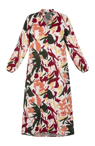 Gemustertes Kleid Mit Elastischen Ärmeln Und Knöpfen 0252-04 Burgunderrot Lachs 0252-04