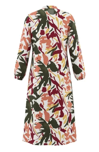 Gemustertes Kleid Mit Elastischen Ärmeln Und Knöpfen 0252-04 Burgunderrot Lachs 0252-04