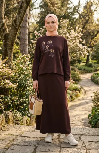 Ensemble Deux Pièces Avec Broderie Florale Et Strass 0255-01 Marron 0255-01