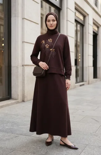 Ensemble Deux Pièces Avec Broderie Florale Et Strass 0255-01 Marron 0255-01