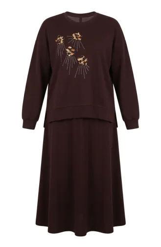 Ensemble Deux Pièces Avec Broderie Florale Et Strass 0255-01 Marron 0255-01