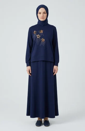 Ensemble Deux Pièces Avec Broderie Florale Et Strass 0255-03 Bleu Marine. 0255-03